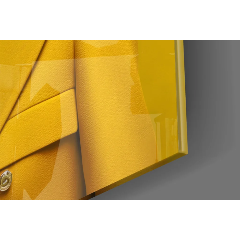 Vibrant yellow glass wall art of dapper seagull in trench coat jacket