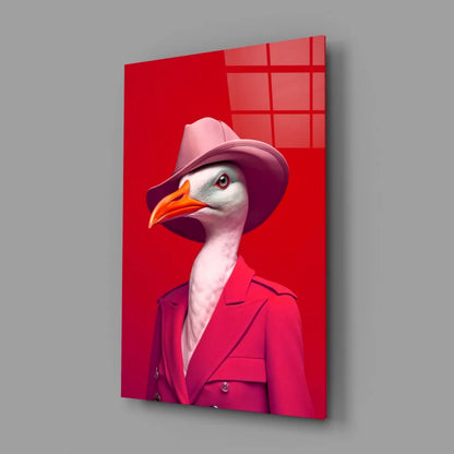 Dapper seagull in pink fedora glass wall art print