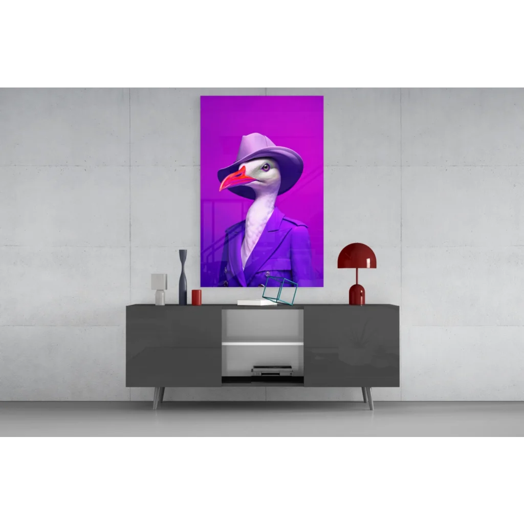 Dapper goose in purple fedora on vibrant glass wall art
