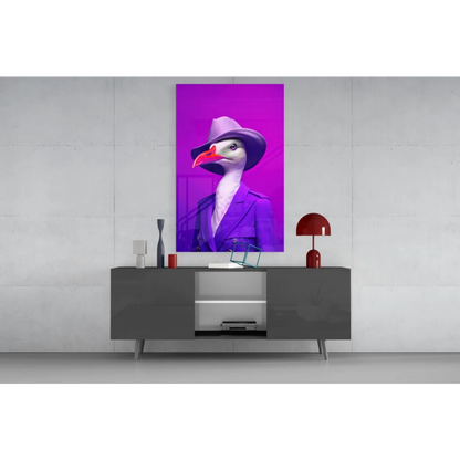 Dapper goose in purple fedora on vibrant glass wall art