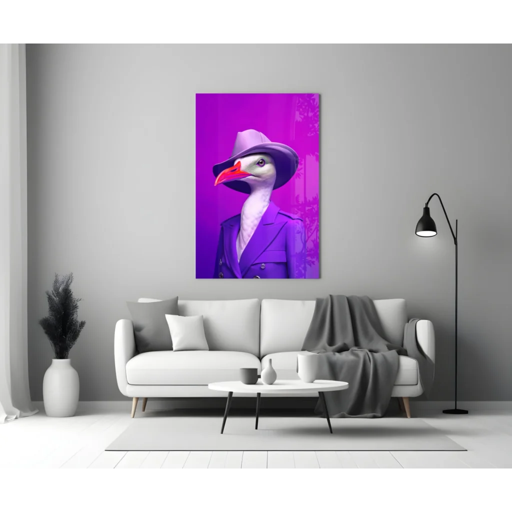 Dapper Goose Glass Wall Art in Purple Fedora and Suit | Modern Wall Art Decor | vintageantiquesgifts.com