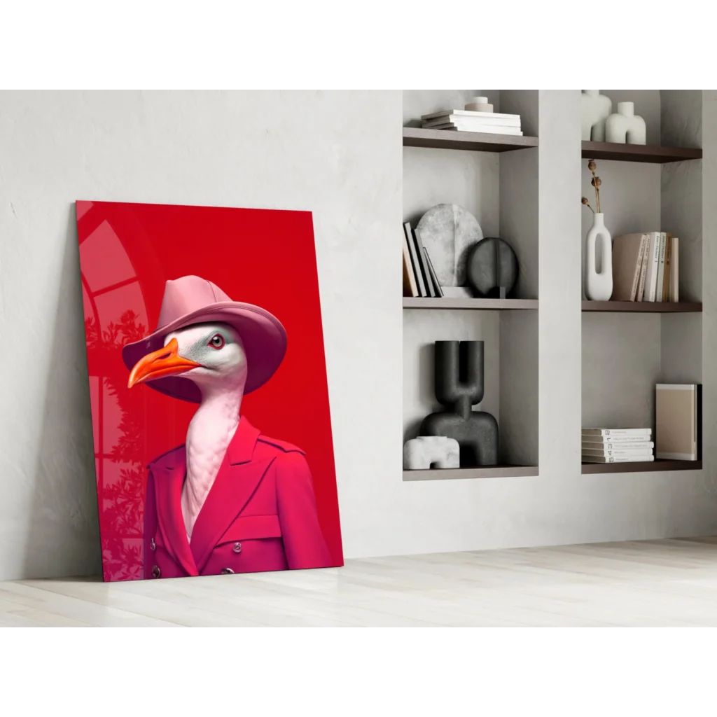 Dapper seagull in pink fedora glass wall art print