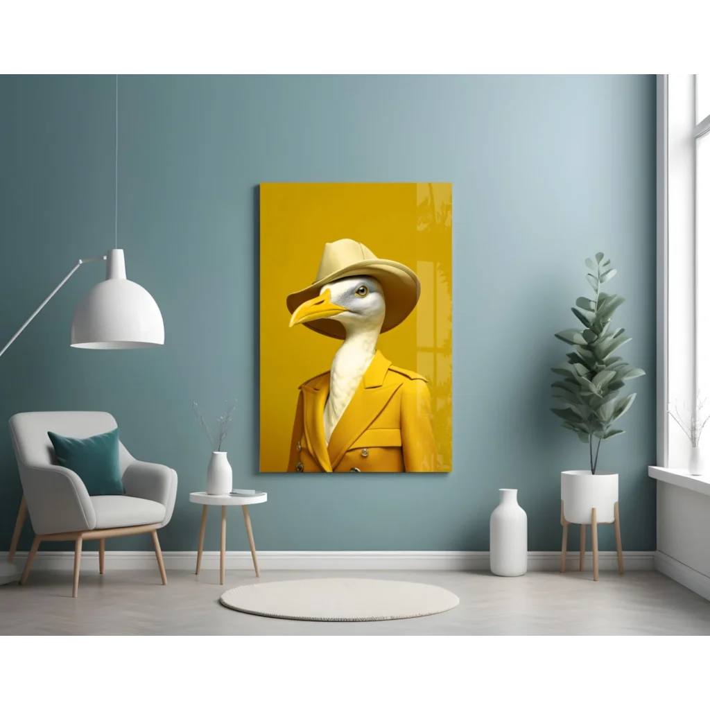 Dapper seagull in yellow trench coat glass wall art canvas print