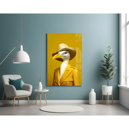 Dapper seagull in yellow trench coat glass wall art canvas print
