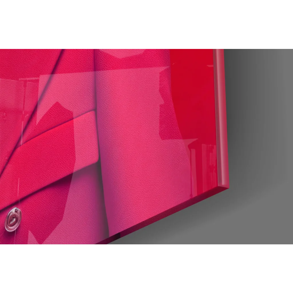 Vibrant red glossy glass wall art print of dapper seagull in pink fedora