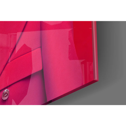 Vibrant red glossy glass wall art print of dapper seagull in pink fedora