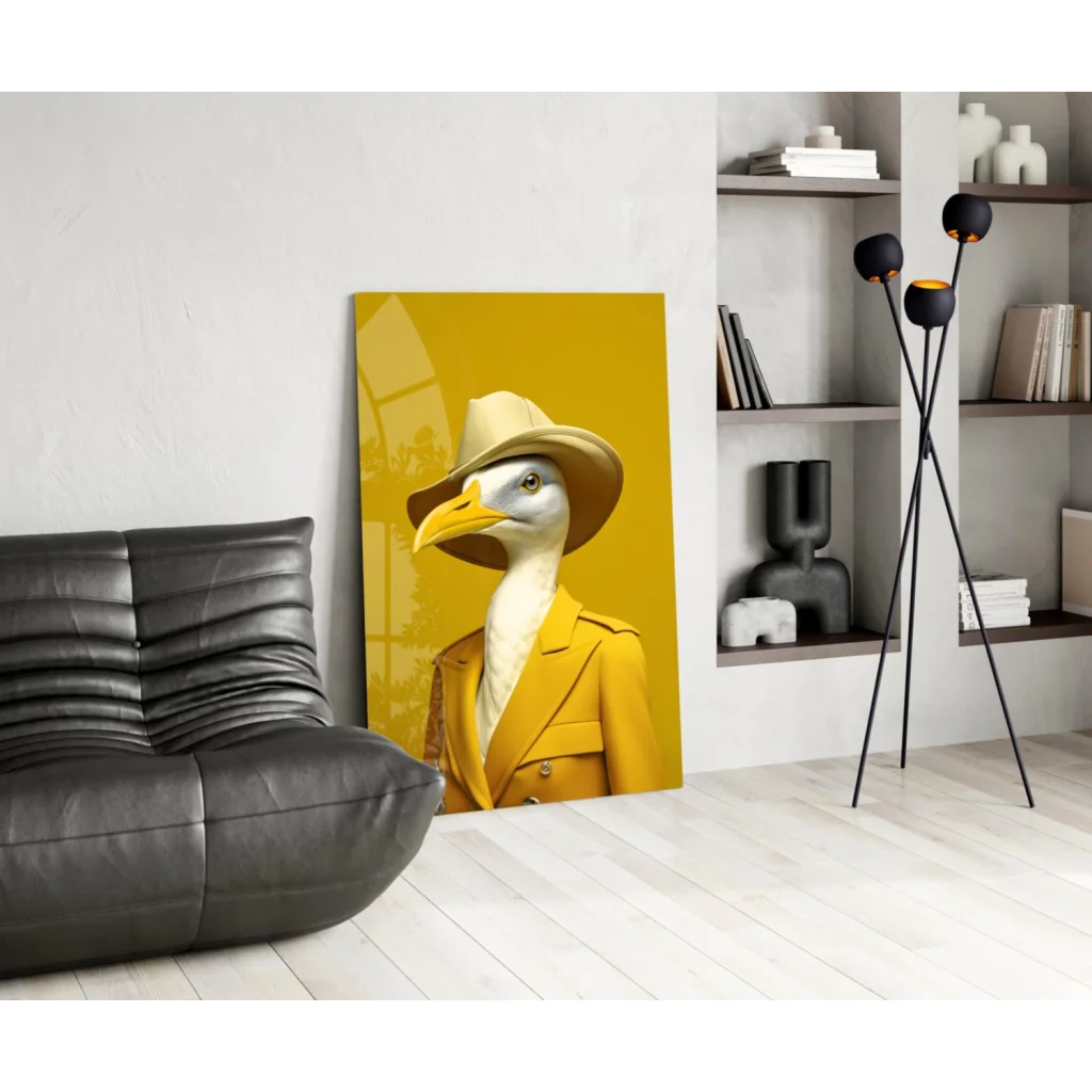 Dapper seagull in yellow trench coat glass wall art canvas print