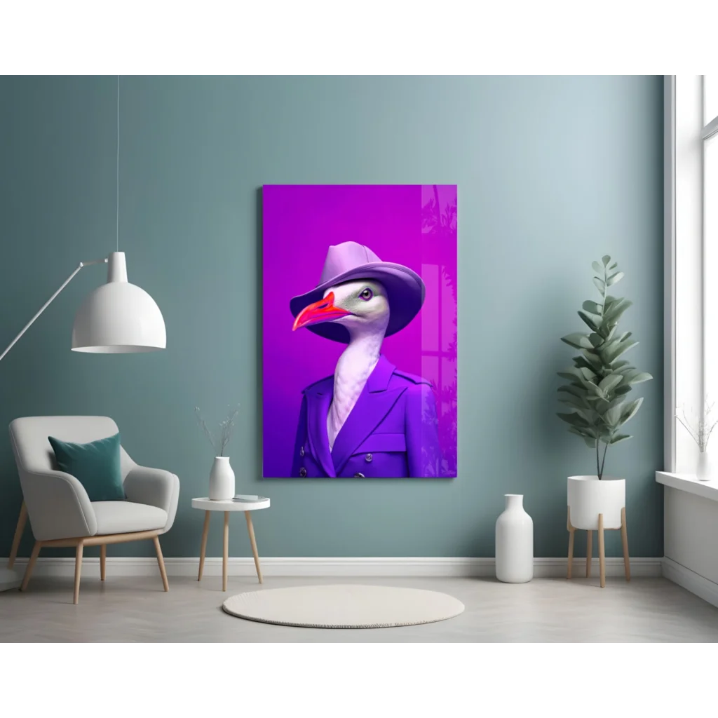 Dapper Goose Glass Wall Art in Purple Fedora and Suit | Contemporary Home Wall Art | vintageantiquesgifts.com