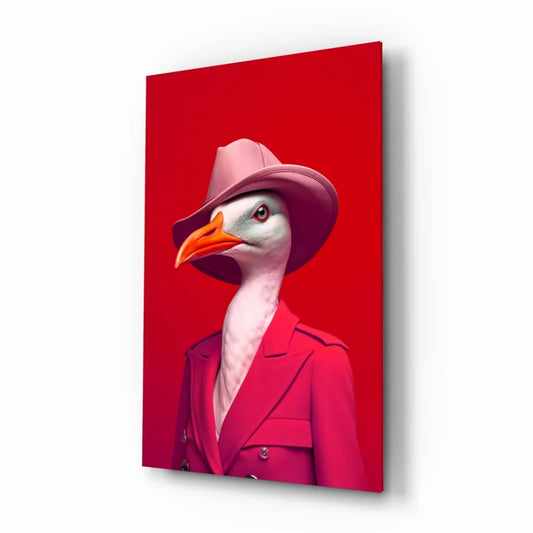 Dapper seagull in pink fedora glass wall art print