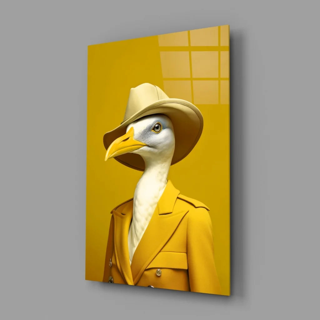 Dapper seagull in yellow trench coat glass wall art canvas print