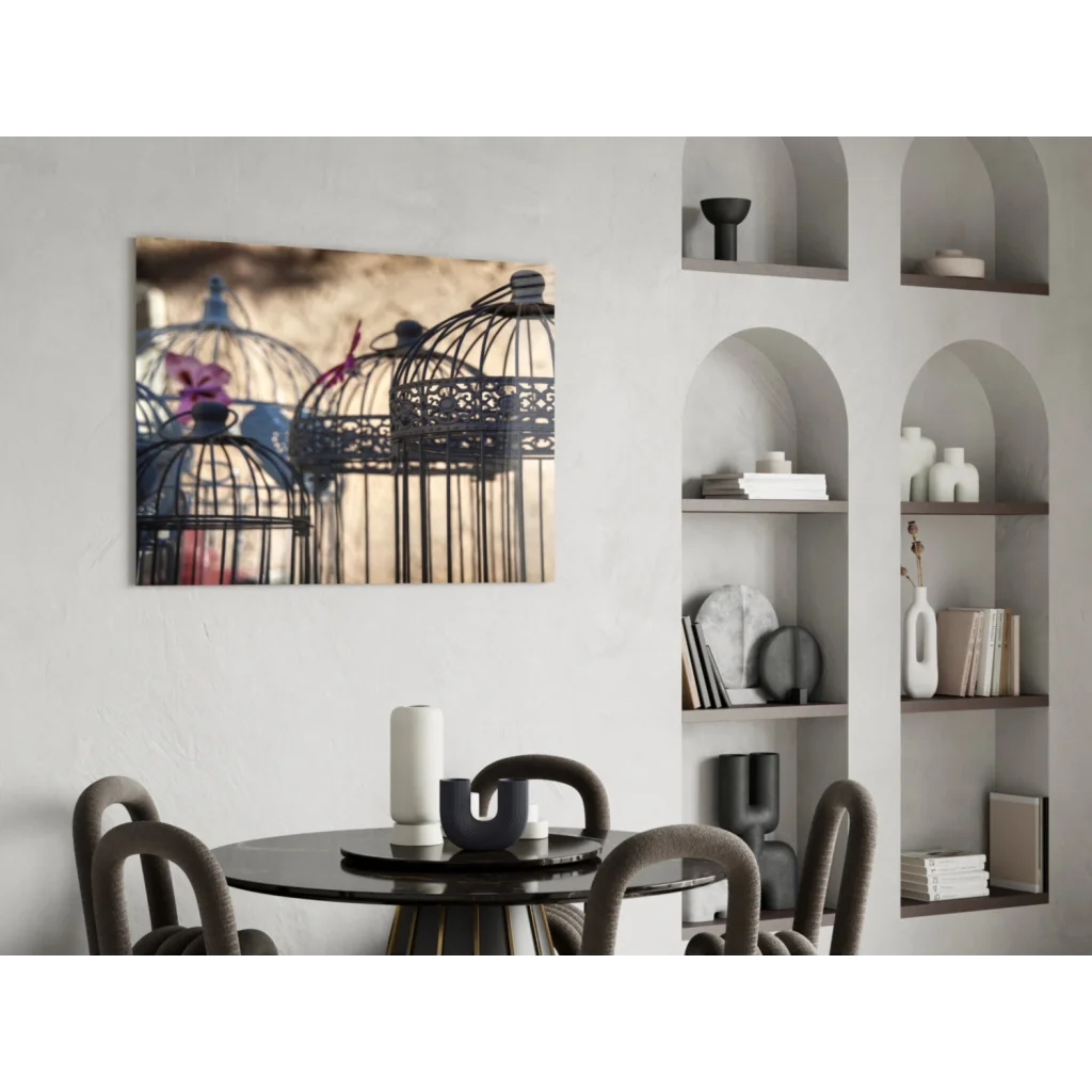 Stunning birdcage wall art with intricate black metal latticework and colorful birds