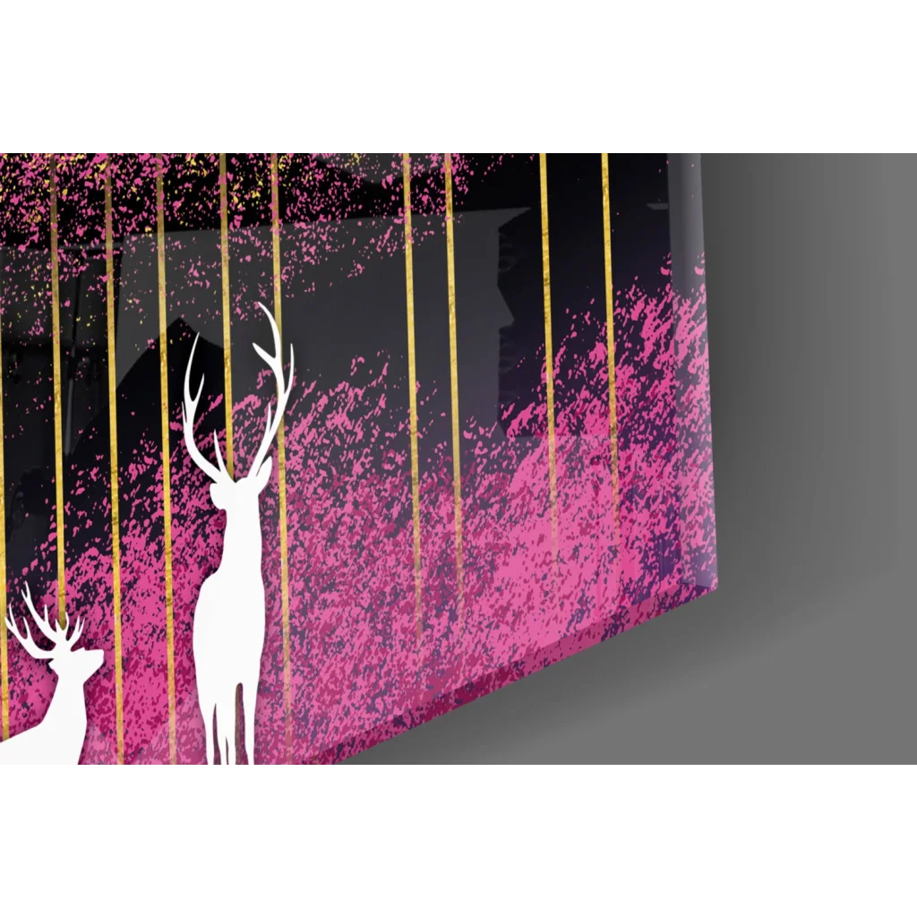 Mystical deer wall art canvas with birds, sun, pink gradient, gold stripes