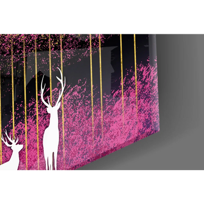 Mystical deer wall art canvas with birds, sun, pink gradient, gold stripes