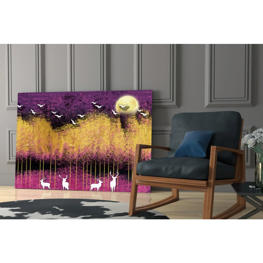 Vibrant mystical deer wall art with birds under glowing moon