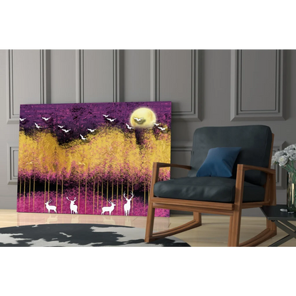 Vibrant mystical deer wall art with birds under glowing moon