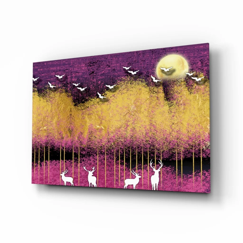 Mystical Deer Purple Gold Canvas Wall Art With Birds and Sun | Insigneart USA | vintageantiquesgifts.com