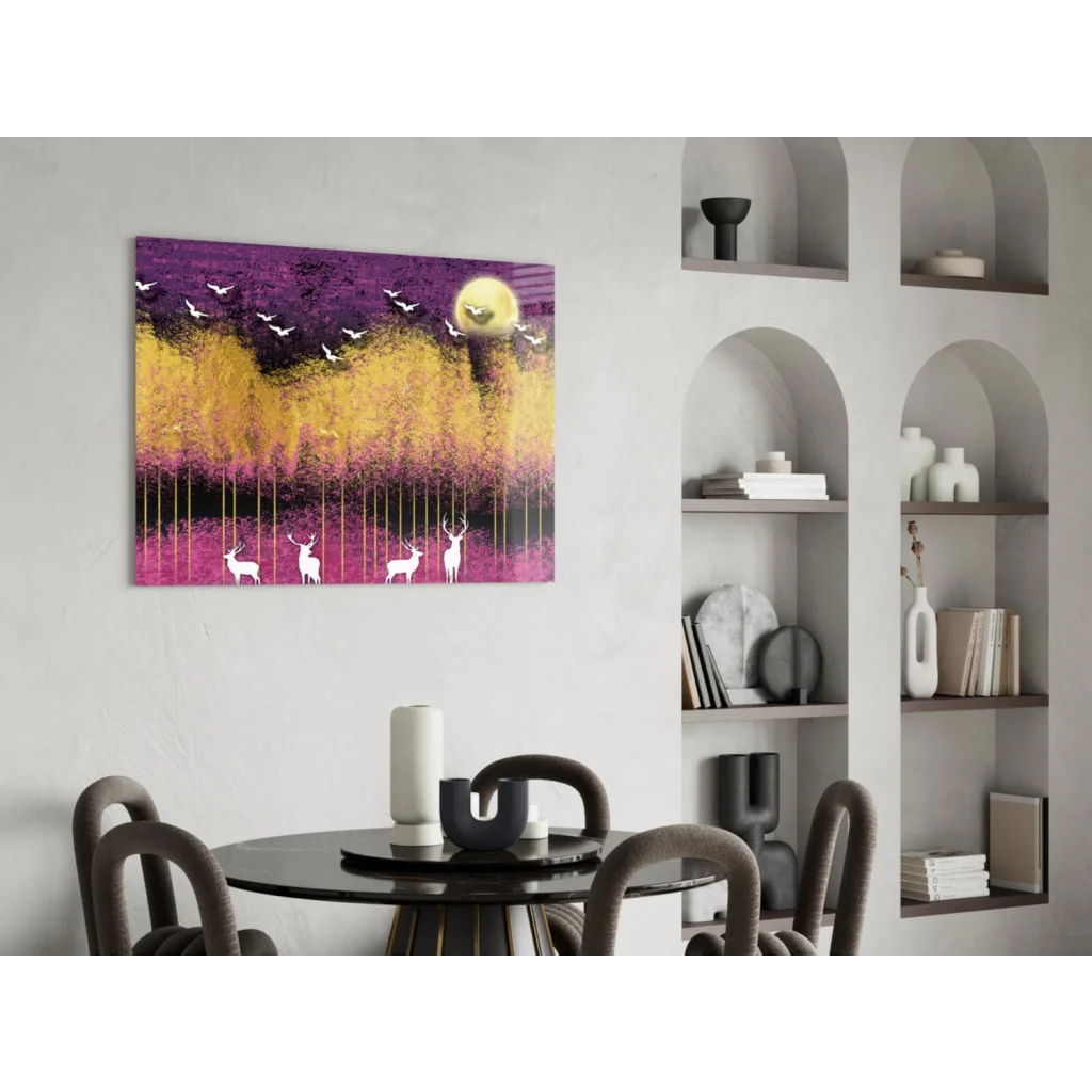 Mystical deer wall art with birds and sun in purple gold hues