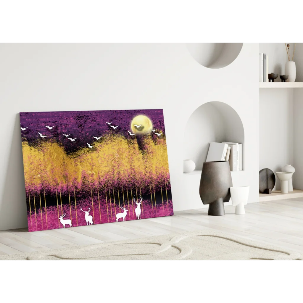 Mystical Deer Purple Gold Canvas Wall Art With Birds and Sun | Modern Wall Art Decor | vintageantiquesgifts.com