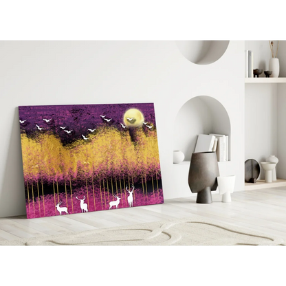 Mystical Deer Purple Gold Canvas Wall Art With Birds and Sun | Modern Wall Art Decor | vintageantiquesgifts.com