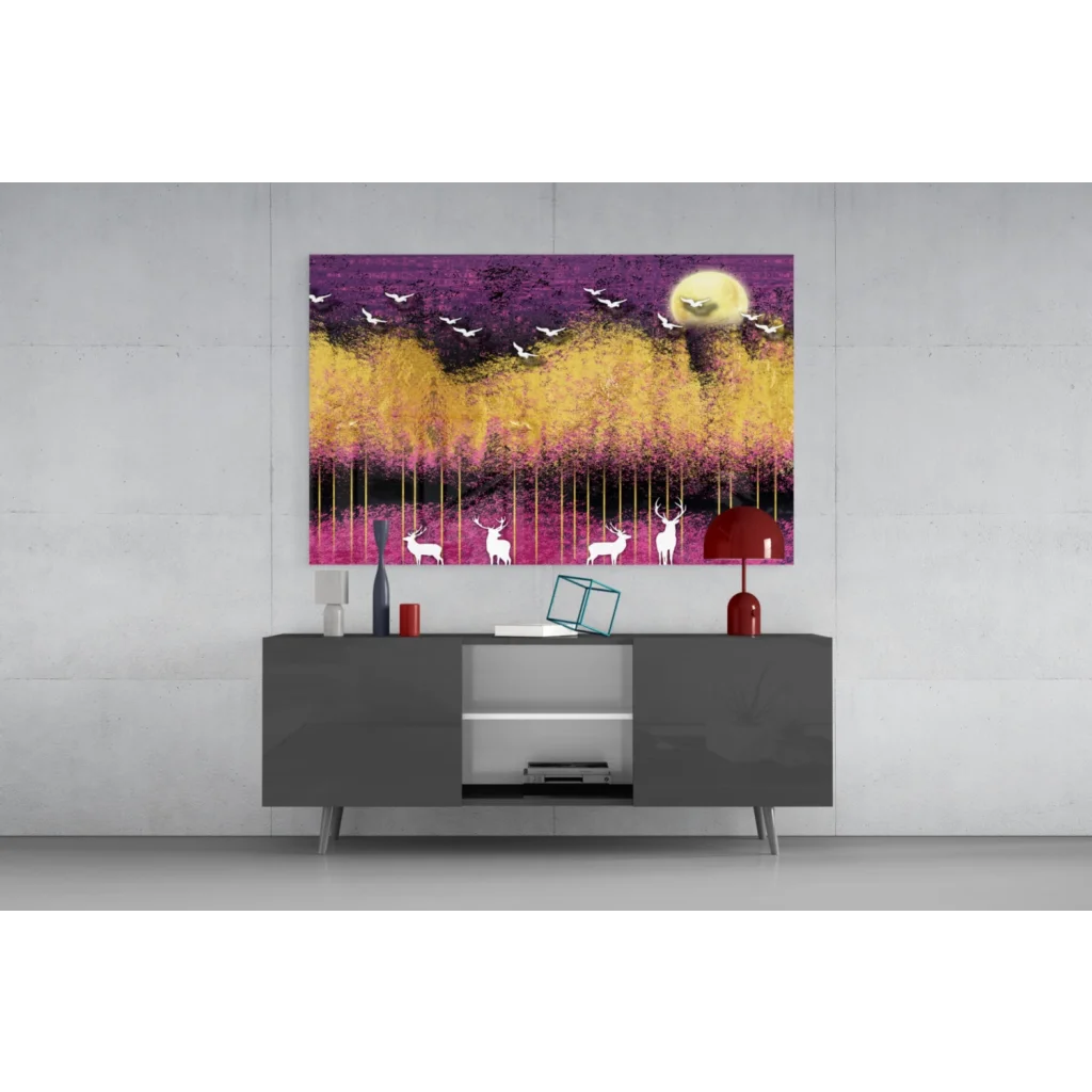 Vibrant mystical deer wall art canvas with birds on purple gold gradient