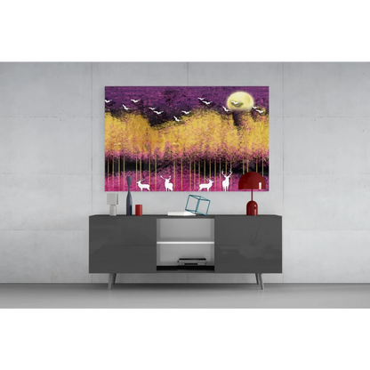 Vibrant mystical deer wall art canvas with birds on purple gold gradient