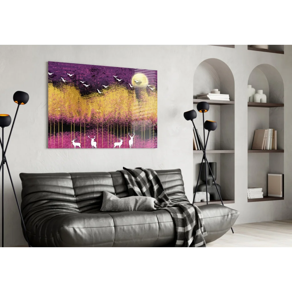 Mystical Deer Purple Gold Canvas Wall Art With Birds and Sun | Contemporary Home Wall Art | vintageantiquesgifts.com