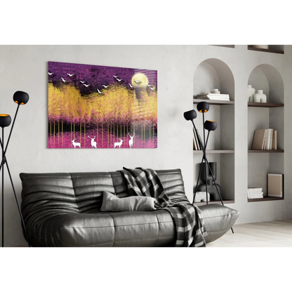 Mystical Deer Purple Gold Canvas Wall Art With Birds and Sun | Contemporary Home Wall Art | vintageantiquesgifts.com