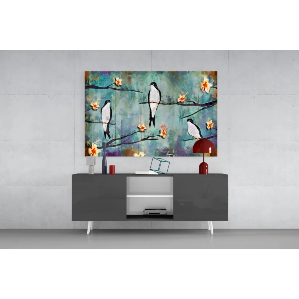 Vibrant three birds on branches teal purple canvas wall art