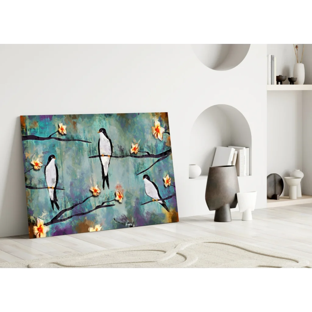 Three Birds on Branches Teal Purple Canvas Wall Art | Modern Wall Art Decor | vintageantiquesgifts.com