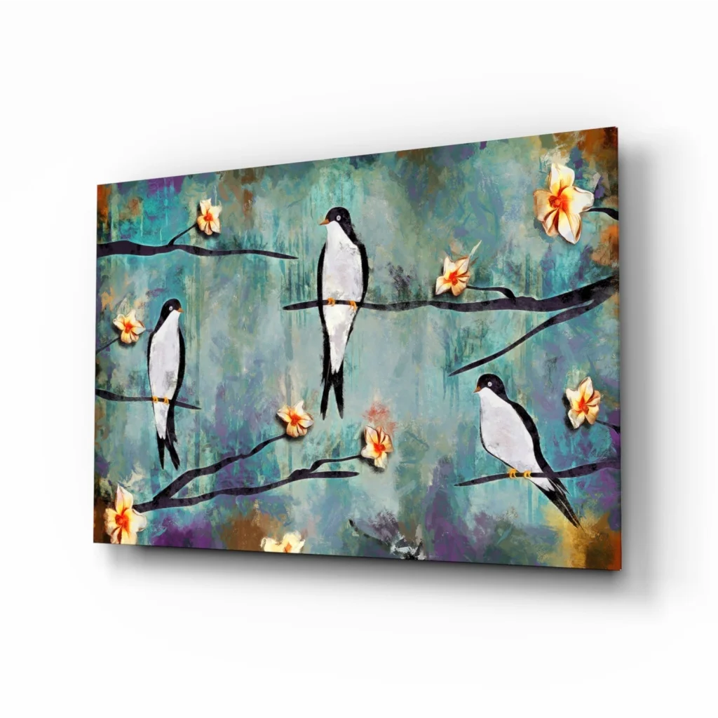 Three Birds on Branches Teal Purple Canvas Wall Art | Insigneart USA | vintageantiquesgifts.com