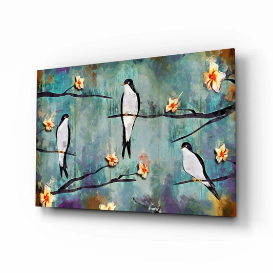 Three Birds on Branches Teal Purple Canvas Wall Art | Insigneart USA | vintageantiquesgifts.com