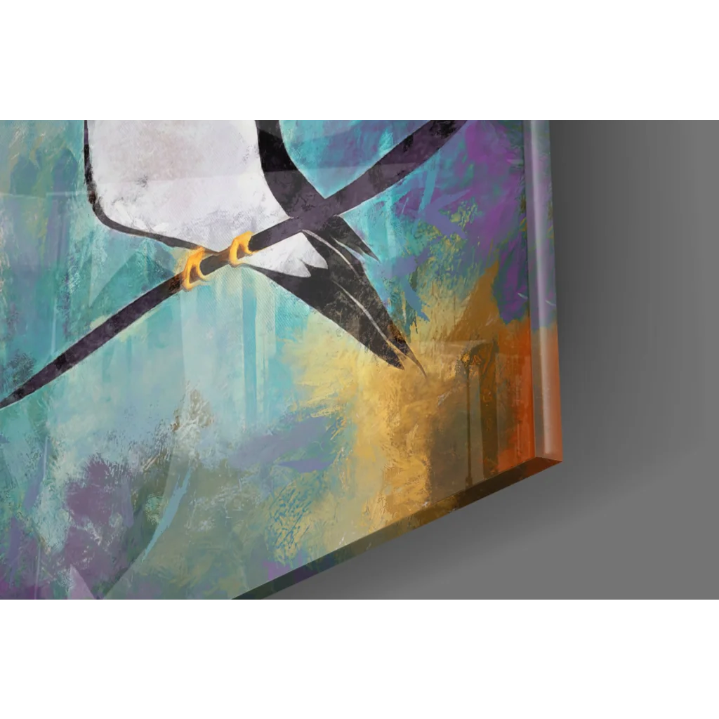 Stylized bird with white black wings yellow feet in teal purple canvas wall art