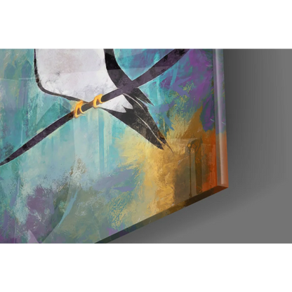 Stylized bird with white black wings yellow feet in teal purple canvas wall art
