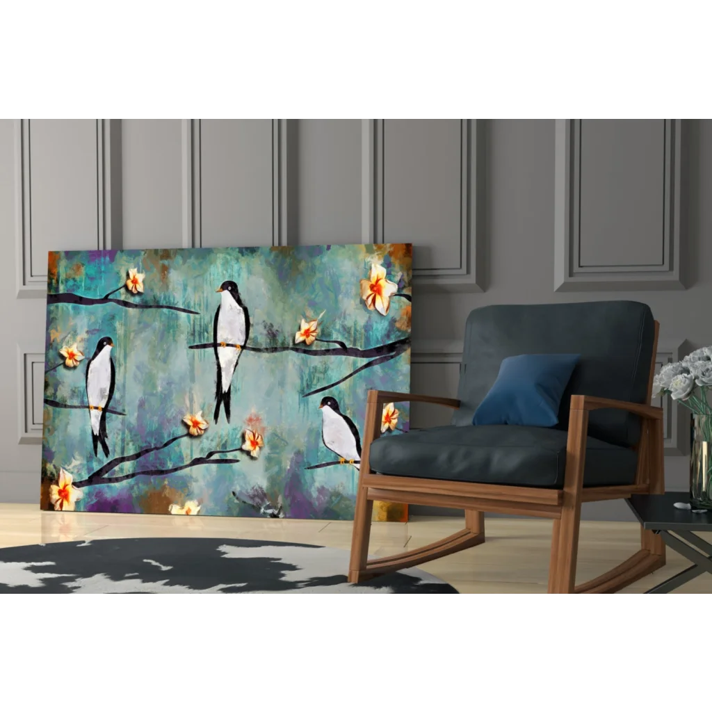 Vibrant teal purple canvas wall art of three black-and-white birds on branches with orange blossoms