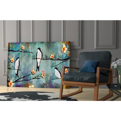Vibrant teal purple canvas wall art of three black-and-white birds on branches with orange blossoms