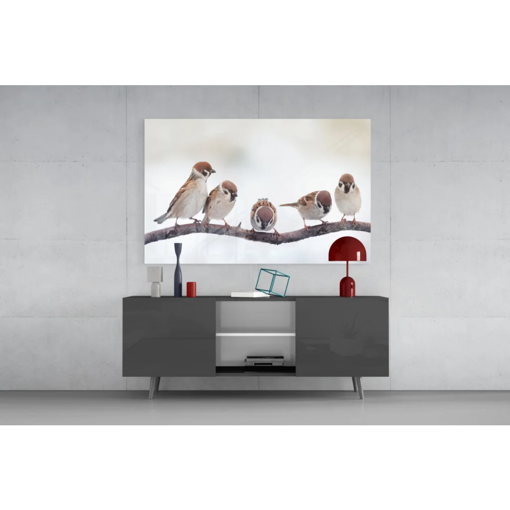 Snowy sparrows glass wall art canvas print with five birds on branch
