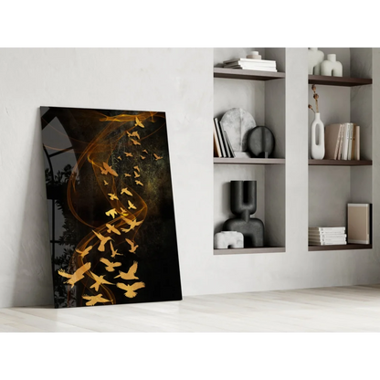Golden birds in flight on black canvas glass wall art