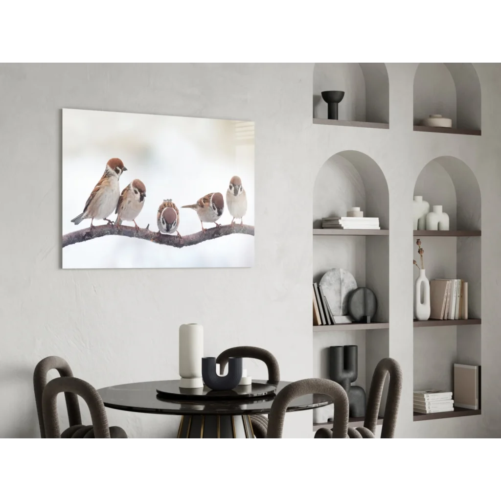 Snowy sparrows glass wall art canvas print with birds on branch