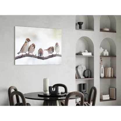 Snowy sparrows glass wall art canvas print with birds on branch