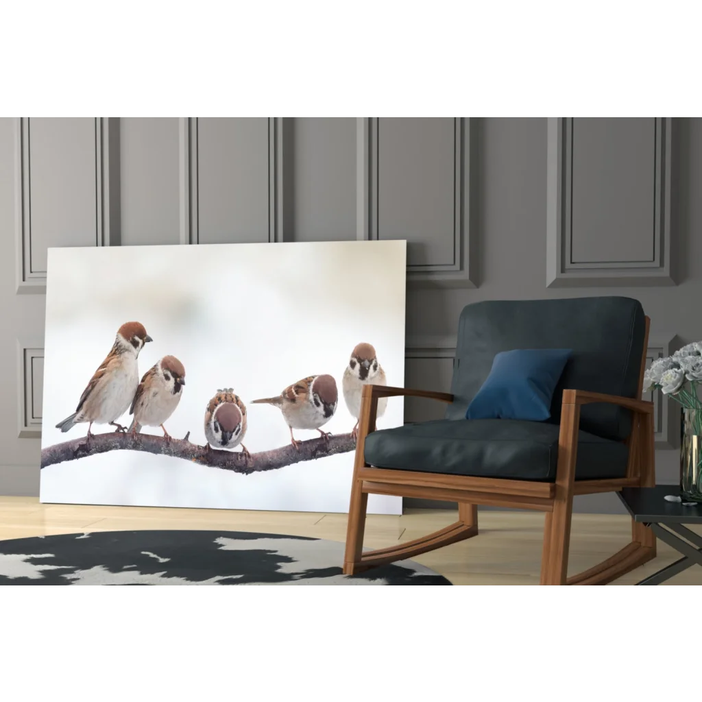 Five snowy sparrows on branch in soft tones, glass wall art canvas print