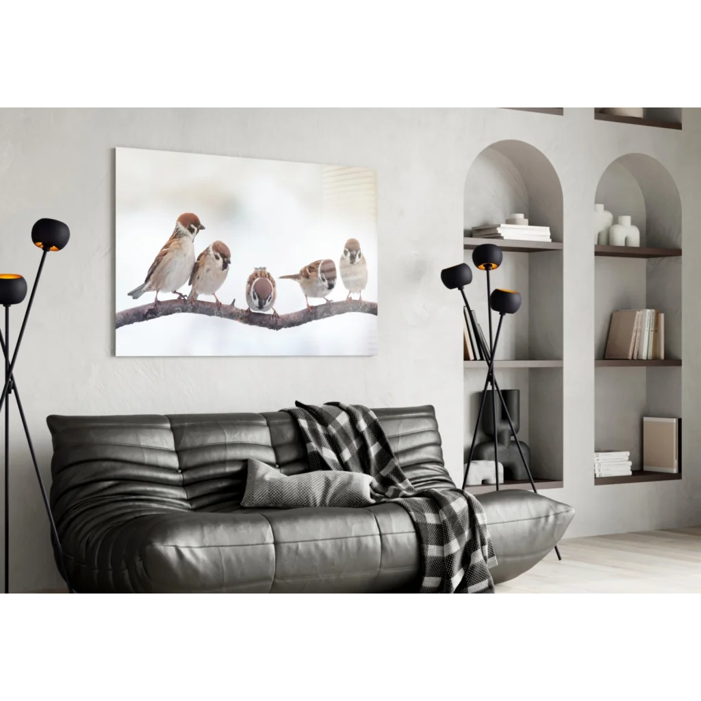 Snowy sparrows glass wall art canvas print in minimalist living room