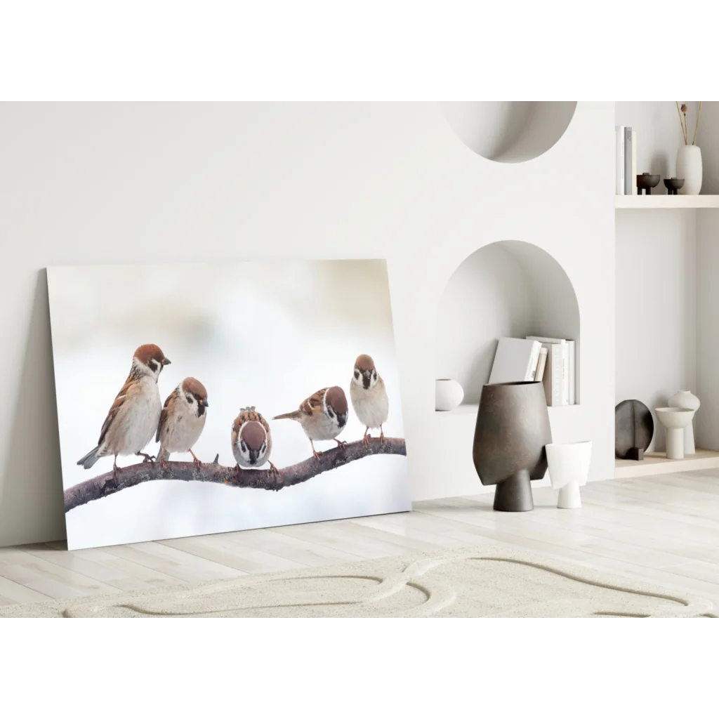 Snowy sparrows glass wall art canvas print with birds on snowy branch