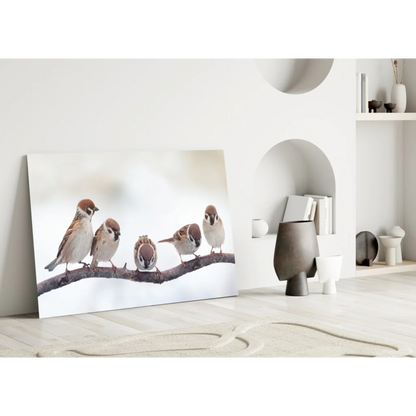 Snowy sparrows glass wall art canvas print with birds on snowy branch