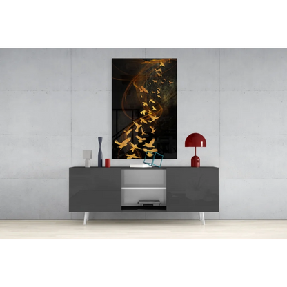 Stunning golden birds glass wall art on black canvas print