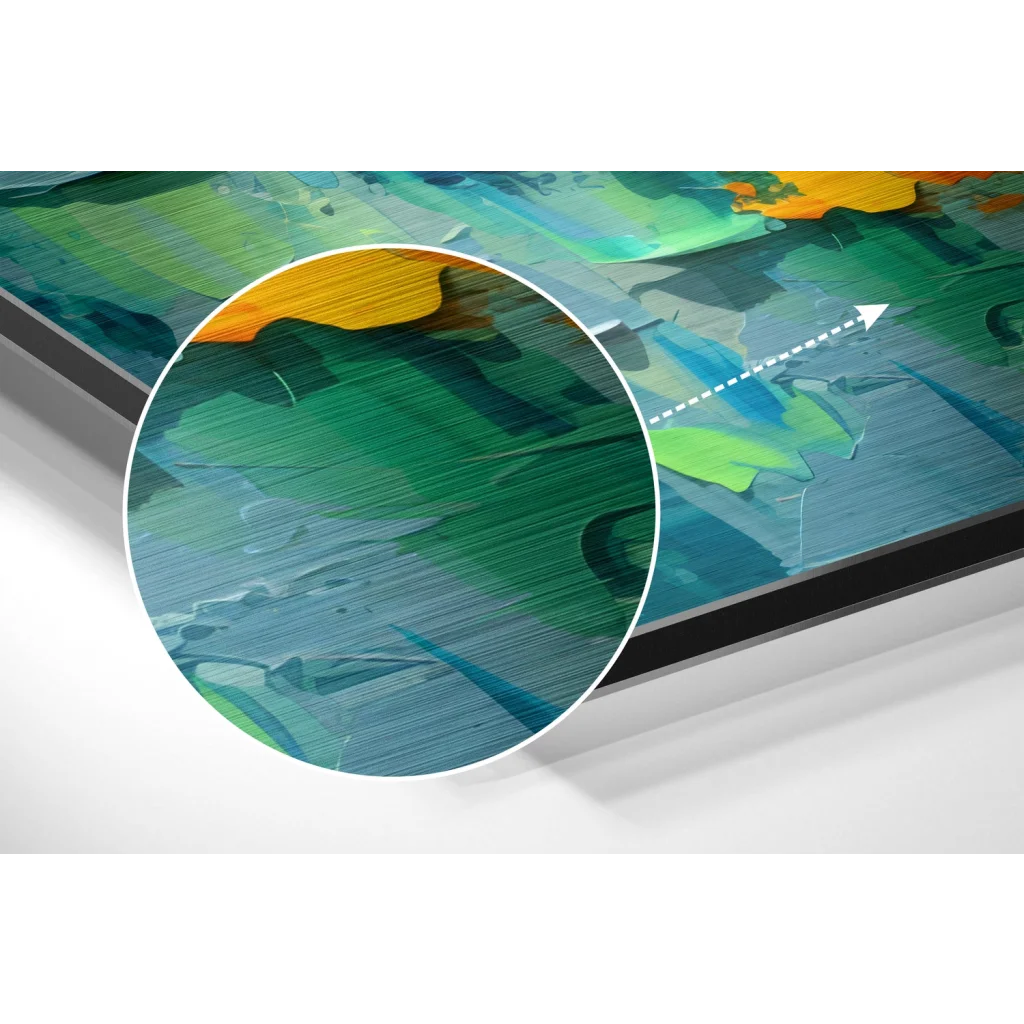 Vibrant abstract art on brushed aluminium dibond with teal, green, orange strokes