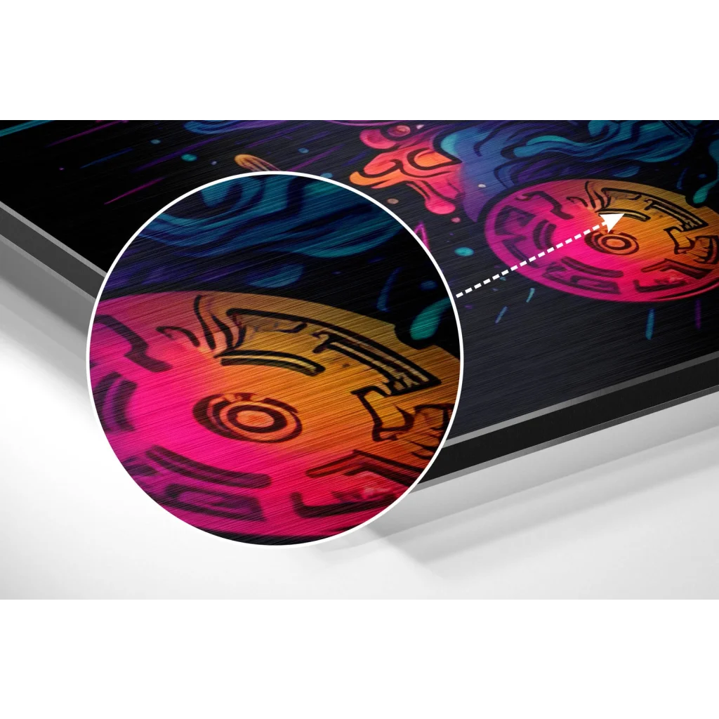 Vibrant gradient circle with black outlines on brushed aluminium dibond print