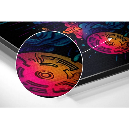 Vibrant gradient circle with black outlines on brushed aluminium dibond print