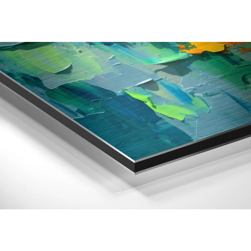 Glass Wall Art Vibrant abstract teal green blue painting on brushed aluminium dibond print