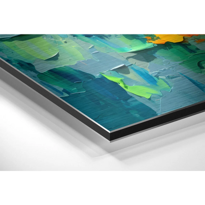 Vibrant abstract teal green blue painting on brushed aluminium dibond print