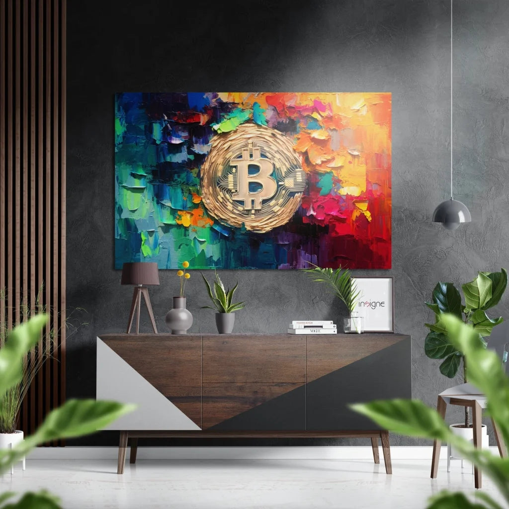 Vibrant bitcoin art on brushed aluminium dibond print